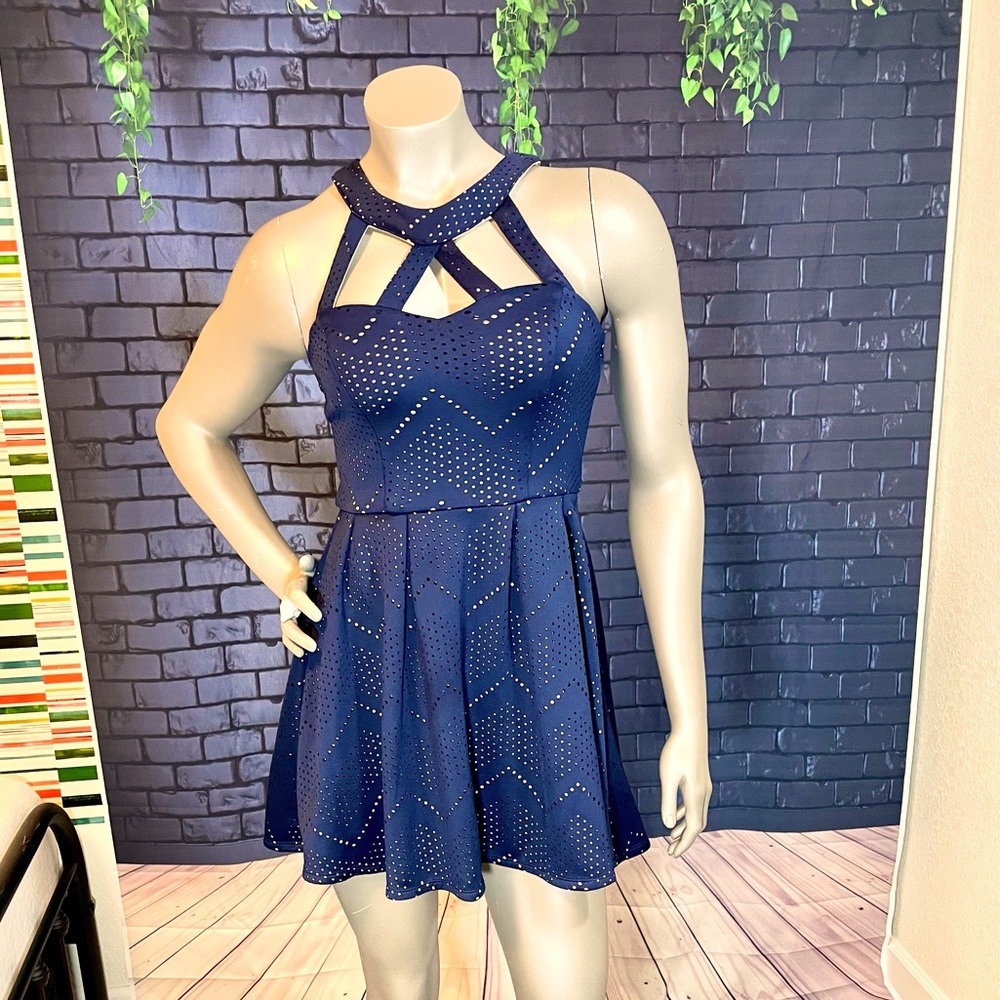Crystal Doll short, navy blue, eyelet dress with neckline cut-outs